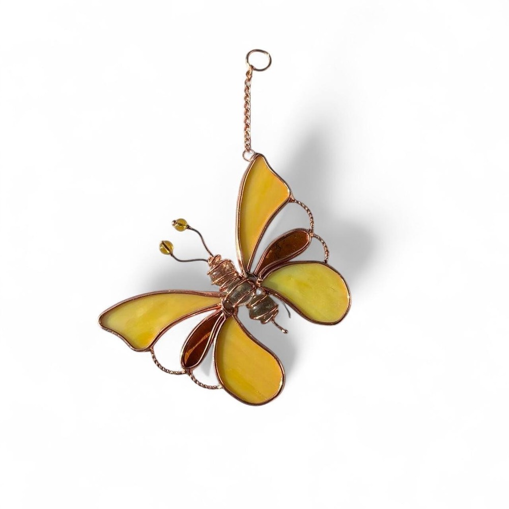 Yellow stained glass butterfly suncatcher with copper wire frame and glass Orb